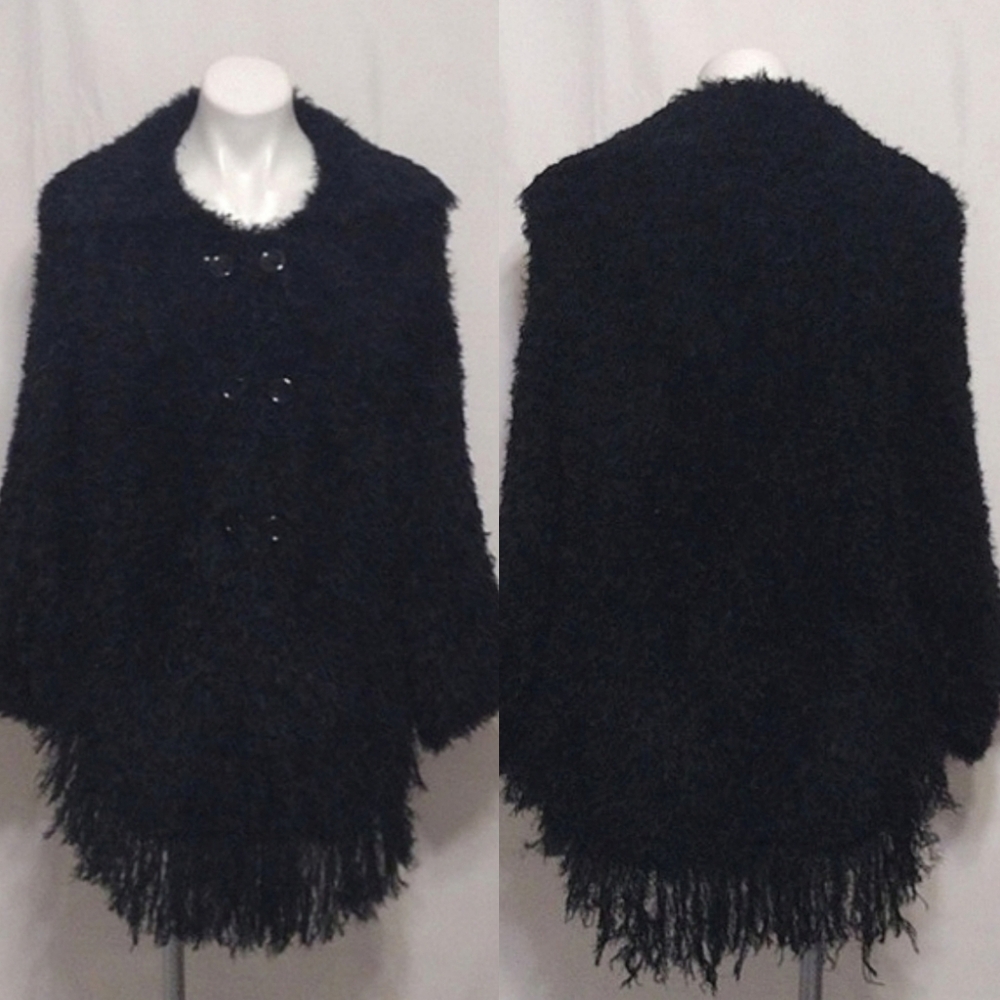 Calico Black Faux Fur Wool Blend Poncho Wrap Fringe Travel Blanket Coat One Size